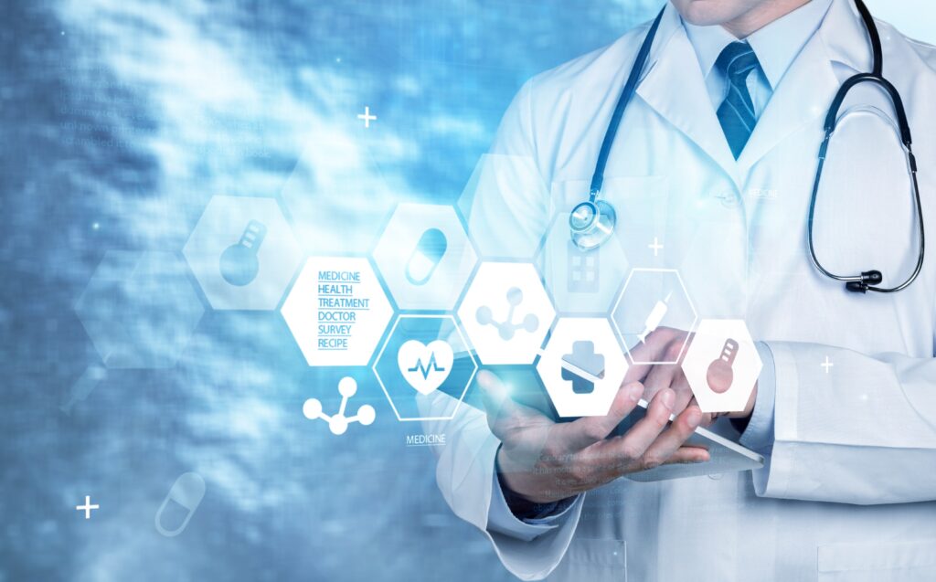 Medical doctor with digital tablet, medical network concept