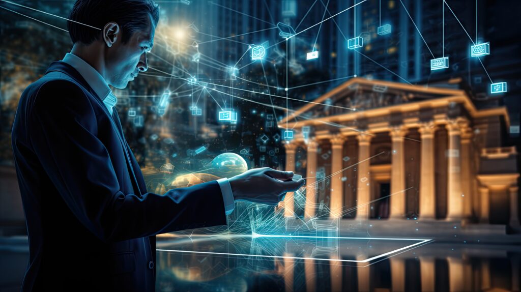 the world of digital banking, virtual banks, online banking, and digital money, with a man touching a digital virtual bank icon on a network of financial data, cyber security.